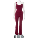 Women Spring Summer Solid Suspender Backless Top and Bell Bottom Pants Two-Piece Set