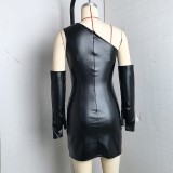 Women Pu-Leather Slash Shoulder Sleeveless Sleeve Bodycon Dress