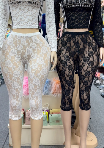 Women Hollow Rose Lace Basic Solid Cropped Pants