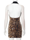 Women Spring Summer Sexy V Neck Leopard Print Backless Dress