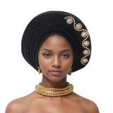 Women diamond-studded heavy-duty shiny silk layered Lace-Up wedding party African turban hat
