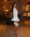Women Spring Solid Turndown Collar Lantern Sleeve Top Skirt Two-piece Set