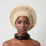 Women diamond-studded heavy-duty shiny silk layered Lace-Up wedding party African turban hat