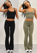 Women Spring Summer Solid Suspender Backless Top and Bell Bottom Pants Two-Piece Set Women Spring Summer Solid Suspender Backless Top and Bell Bottom Pants Two-Piece Set