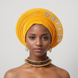 Women diamond-studded heavy-duty shiny silk layered Lace-Up wedding party African turban hat