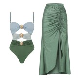 Women Color Block Hollow Sexy One-Piece Swimwear  Two-Piece Set