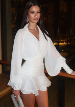 Women Spring Solid Turndown Collar Lantern Sleeve Top Skirt Two-piece Set Women Spring Solid Turndown Collar Lantern Sleeve Top Skirt Two-piece Set