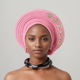 Women diamond-studded heavy-duty shiny silk layered Lace-Up wedding party African turban hat