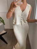 Women Spring Summer Flower Knitting Sleeveless Vest and Skirt Two-Piece Set