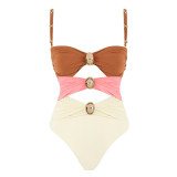 Women Color Block Hollow Sexy One-Piece Swimwear  Two-Piece Set