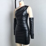 Women Pu-Leather Slash Shoulder Sleeveless Sleeve Bodycon Dress