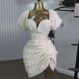 Women Spring Summer Sexy V-Neck Puff Sleeve Pleated Mini Dress