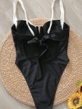 Women Solid French Retro One-Piece Swimwear