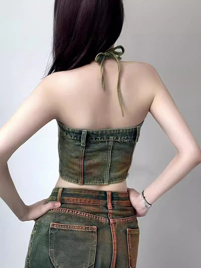 Denim Strapless Top & Multi-Pocket Skirt Two-Piece Set