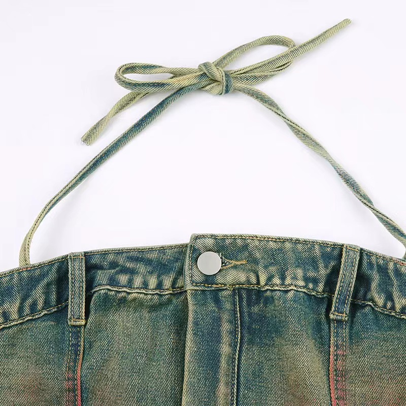 Denim Strapless Top & Multi-Pocket Skirt Two-Piece Set