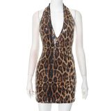 Women Spring Summer Sexy V Neck Leopard Print Backless Dress