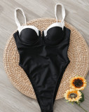 Women Solid French Retro One-Piece Swimwear