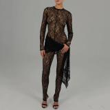 Women Spring Lace See-Through Sexy Long Sleeve Jumpsuit