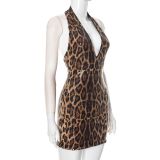 Women Spring Summer Sexy V Neck Leopard Print Backless Dress