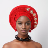 Women diamond-studded heavy-duty shiny silk layered Lace-Up wedding party African turban hat