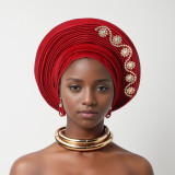 Women diamond-studded heavy-duty shiny silk layered Lace-Up wedding party African turban hat