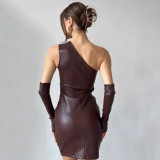 Women Pu-Leather Slash Shoulder Sleeveless Sleeve Bodycon Dress