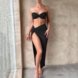 Women Summer Sexy Suspender Strapless Top and Slit Skirt Two-Piece Set