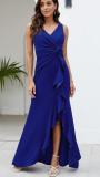 Women V-Neck Sleeveless Elegant Ruffle Slit Maxi Evening Dress