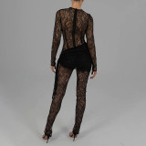 Women Spring Lace See-Through Sexy Long Sleeve Jumpsuit