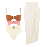 Women Color Block Hollow Sexy One-Piece Swimwear  Two-Piece Set