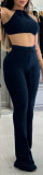 Women Waffle Knitting Sexy Suspender Casual Top Long Pants Two-Piece Set