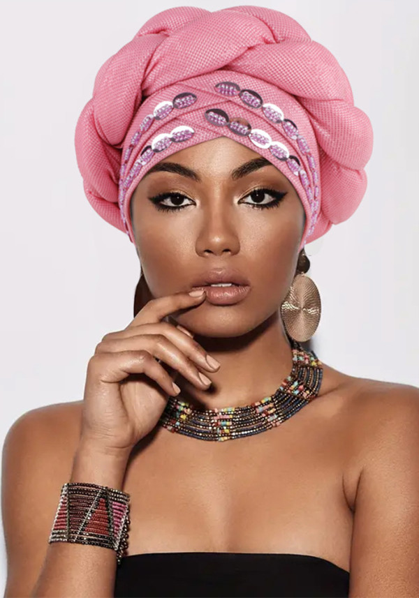 Women sewn sequined African turban hat