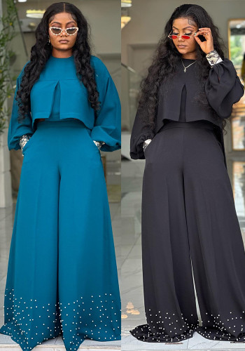 Women Spring Summer Round Neck Irregular Lantern Sleeve Top Beaded Wide Leg Pants Two-Piece Set