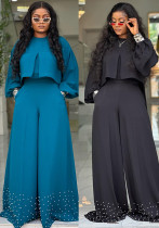 Women Spring Summer Round Neck Irregular Lantern Sleeve Top Beaded Wide Leg Pants Two-Piece Set Women Spring Summer Round Neck Irregular Lantern Sleeve Top Beaded Wide Leg Pants Two-Piece Set