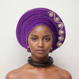 Women diamond-studded heavy-duty shiny silk layered Lace-Up wedding party African turban hat