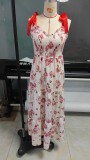 Women Holidays Print Lace-Up French Ruffle Edge Lace Dress