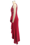 Women V-Neck Sleeveless Elegant Ruffle Slit Maxi Evening Dress