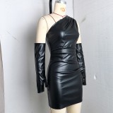 Women Pu-Leather Slash Shoulder Sleeveless Sleeve Bodycon Dress