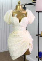 Women Spring Summer Sexy V-Neck Puff Sleeve Pleated Mini Dress