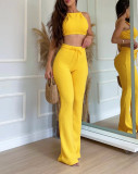 Women Waffle Knitting Sexy Suspender Casual Top Long Pants Two-Piece Set