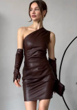 Women Pu-Leather Slash Shoulder Sleeveless Sleeve Bodycon Dress