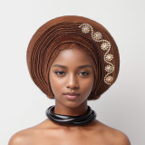 Women diamond-studded heavy-duty shiny silk layered Lace-Up wedding party African turban hat