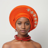 Women diamond-studded heavy-duty shiny silk layered Lace-Up wedding party African turban hat