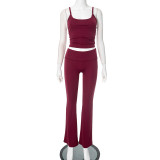 Women Spring Summer Solid Suspender Backless Top and Bell Bottom Pants Two-Piece Set