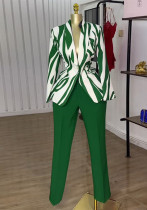 Women Summer Print Blazer and Straight Pants Casual Two-Piece Set Women Summer Print Blazer and Straight Pants Casual Two-Piece Set