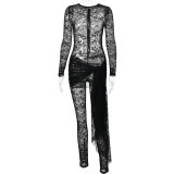 Women Spring Lace See-Through Sexy Long Sleeve Jumpsuit