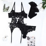 Crystal Heart Hollow Lace Sexy Three Piece Lingerie Set