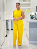 Casual High Stretch Ribbed Sleeveless Tank Top Wide Leg Pants Two Piece Set