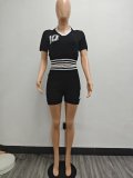 Fashionable Summer Turndown Collar Contrast Knit Top Shorts Set