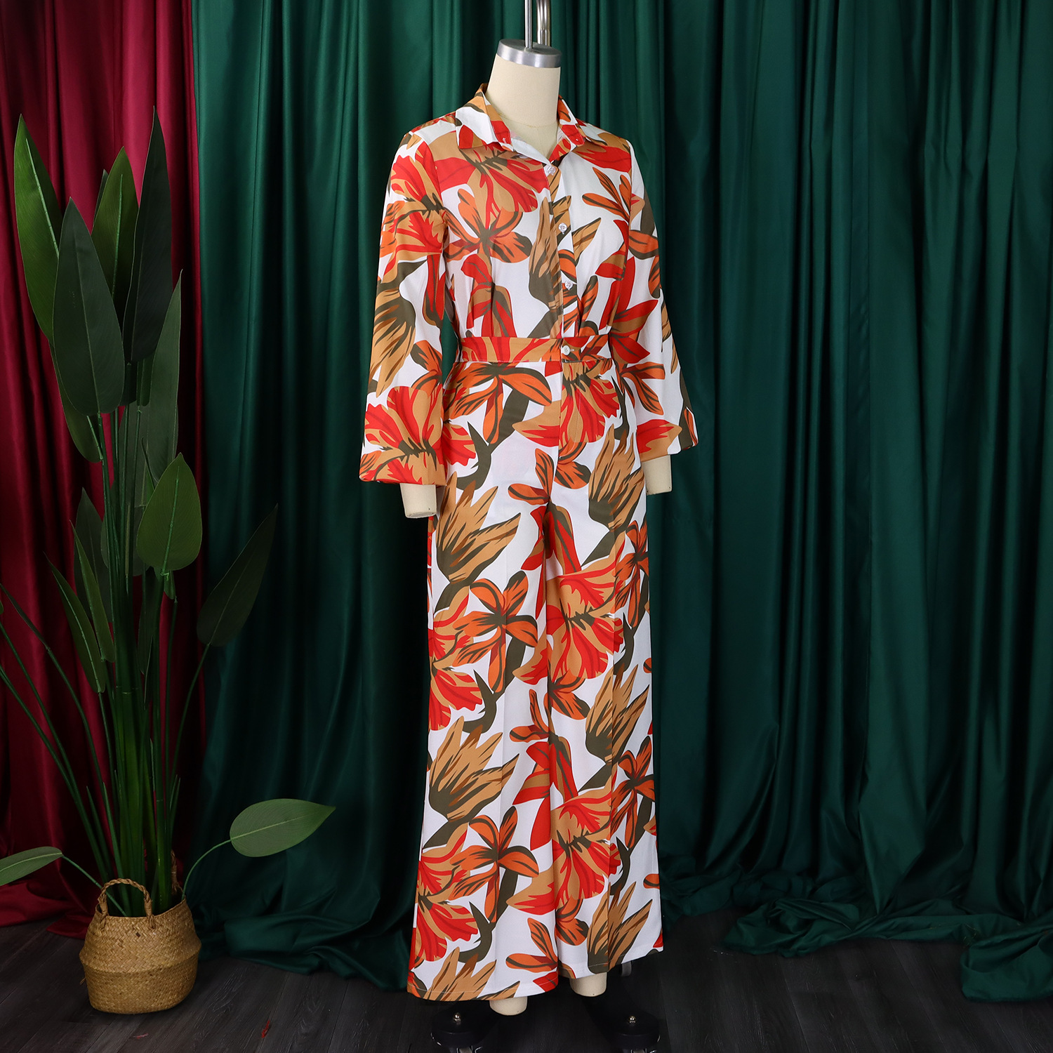 Autumn Spring Printed Long Sleeve Shirt Wide-Leg Pants Two Piece Set